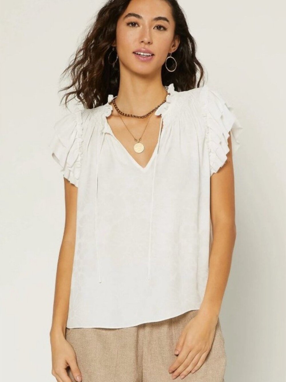 Current Air Women's Large White Tie-Neck Blouse Flutter Sleeves Silky lightweigh